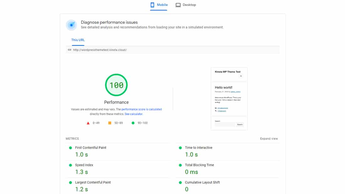 Una captura de pantalla del test de PageSpeed Insights Mobile.