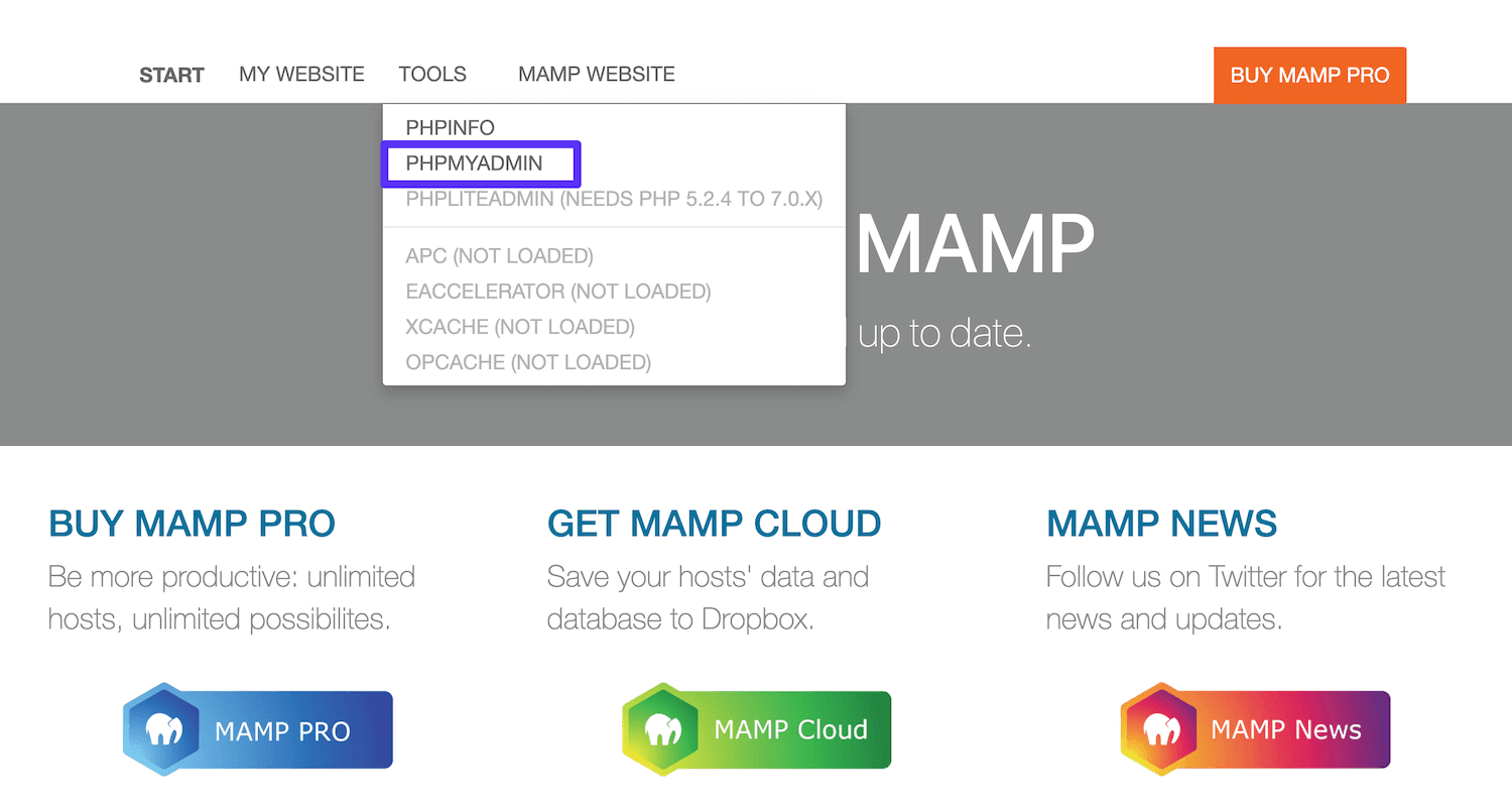 Abriendo phpMyAdmin a través de la página web de MAMP WebStart