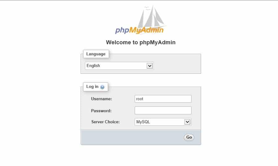 La página de acceso de phpMyAdmin