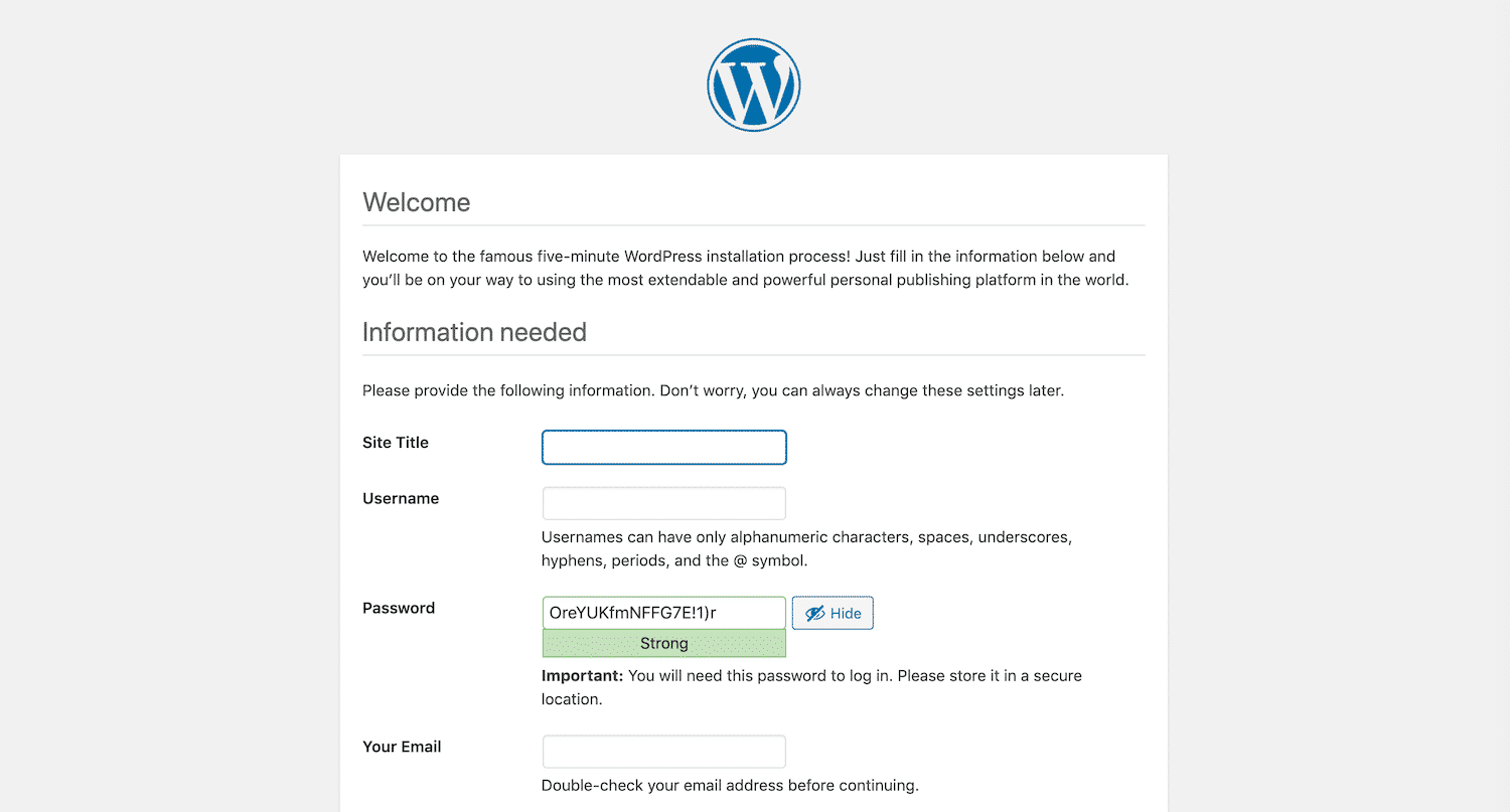 Completando el asistente de instalación de WordPress