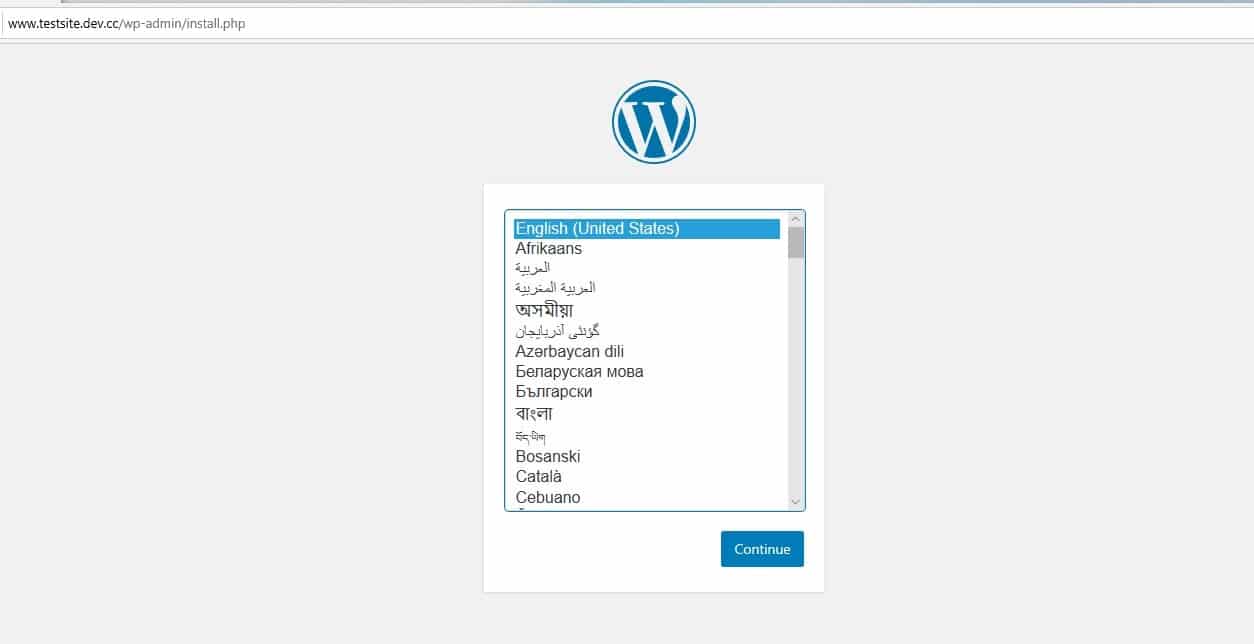 Una nueva página de configuración de la instalación de WordPress