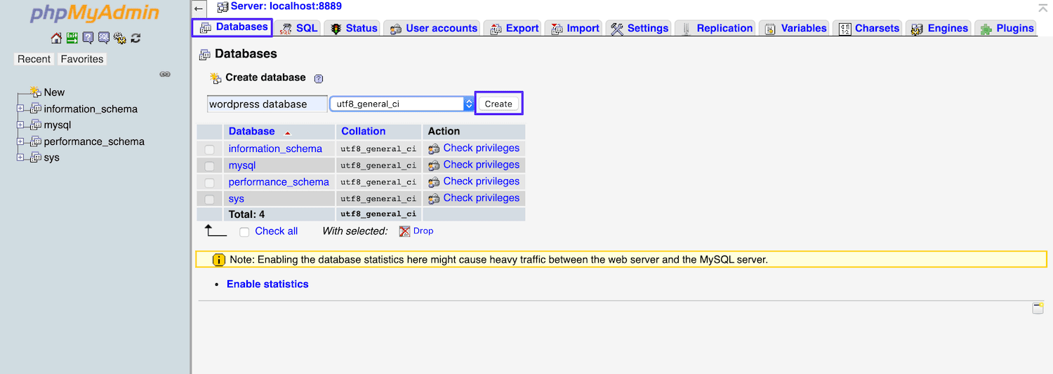 Creando una nueva base de datos para su sitio MAMP local