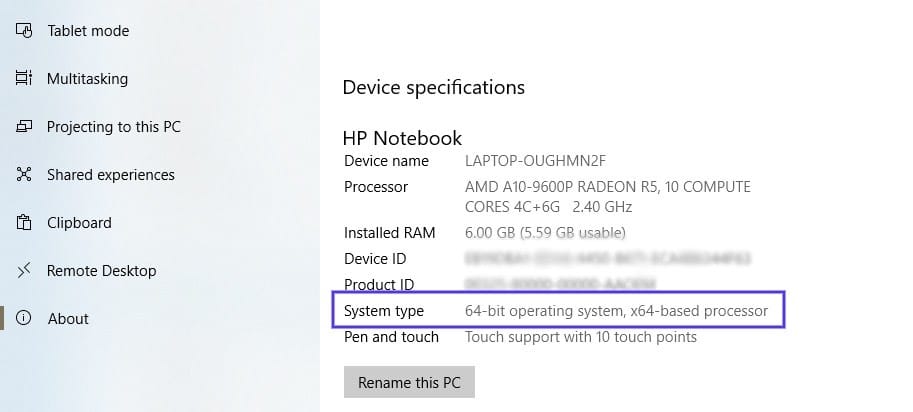 La página de especificaciones del dispositivo en Windows