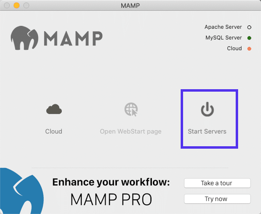 La opción de servidores de inicio MAMP