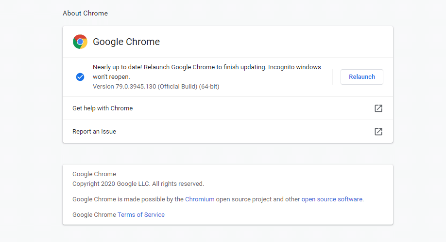 La página de actualización de Google Chrome