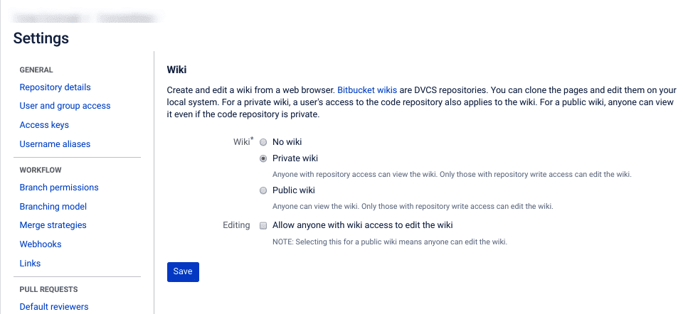 La página de configuración del wiki en Bitbucket