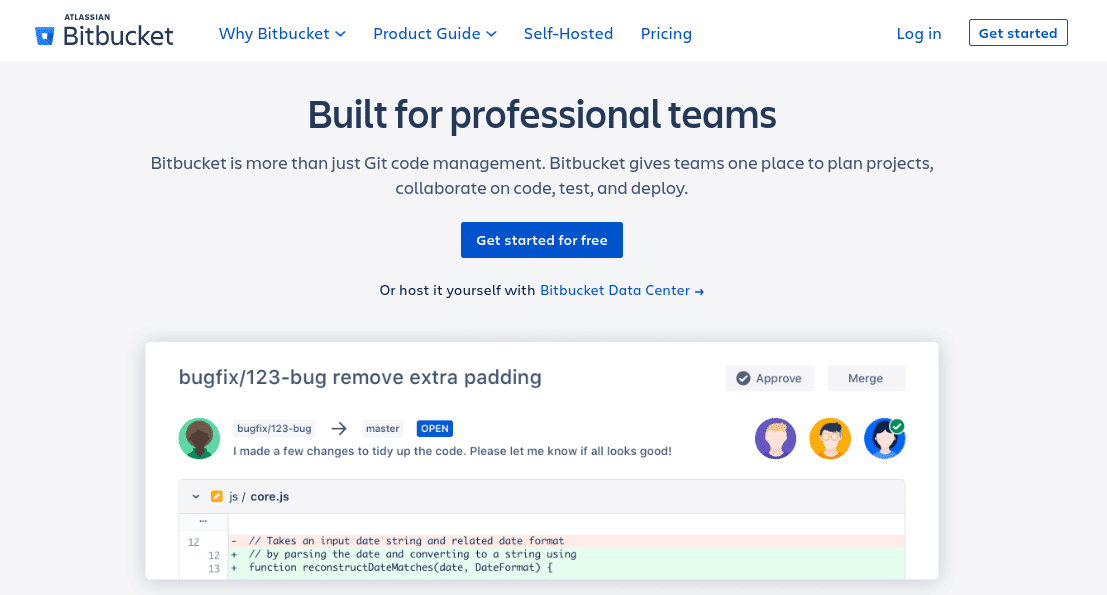 La página de inicio del sitio web de Bitbucket