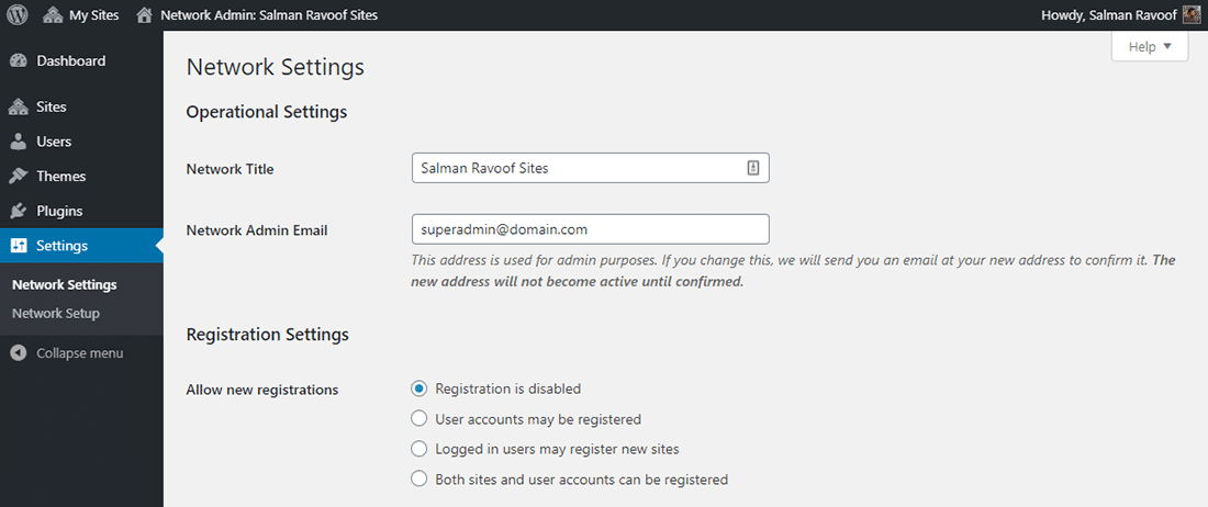 The 'Network Settings' panel in Network Admin dashboard