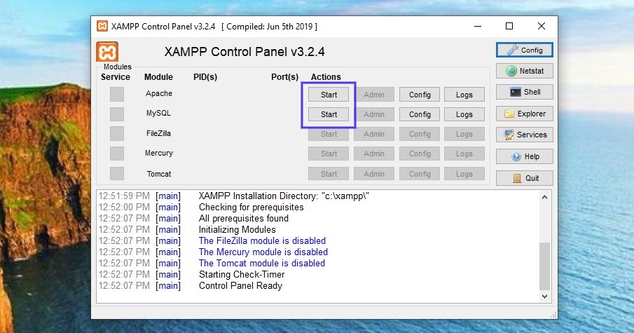 El panel de control del XAMPP