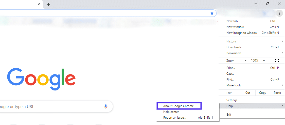 La sección Acerca de Google Chrome