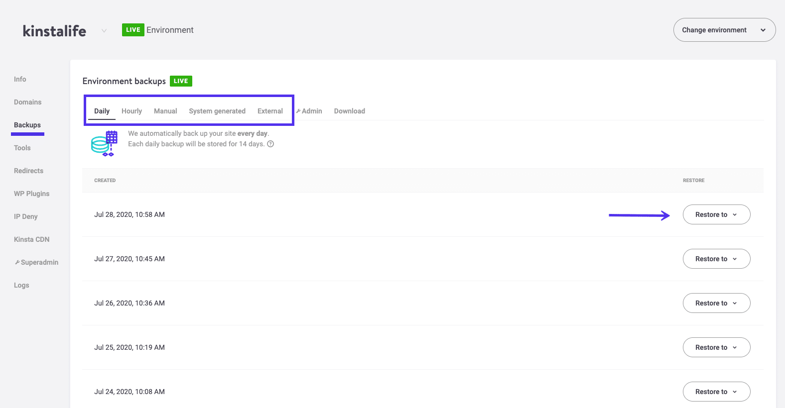 Las copias de seguridad de MyKinsta