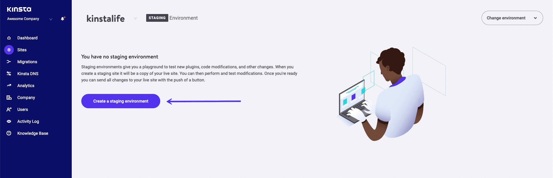 El entorno de puesta en escena de MyKinsta con un solo clic