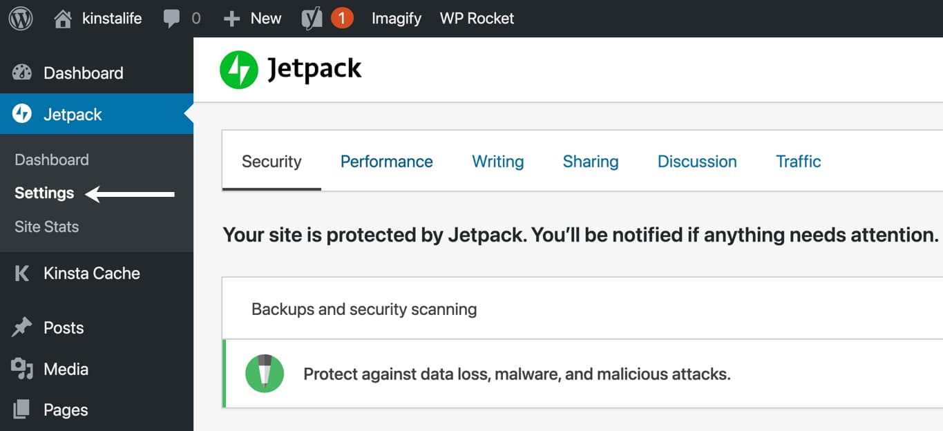 La página de configuración de Jetpack está dividida en seis pestañas.