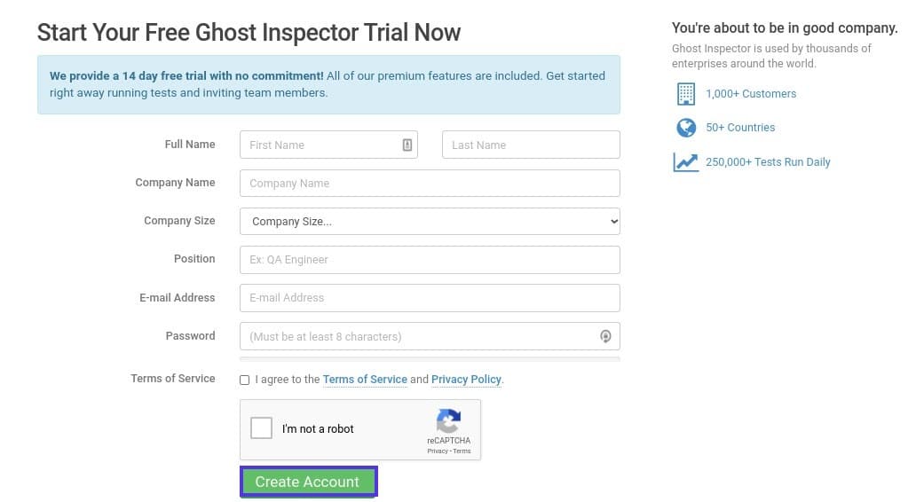 La página de registro del Ghost Inspector