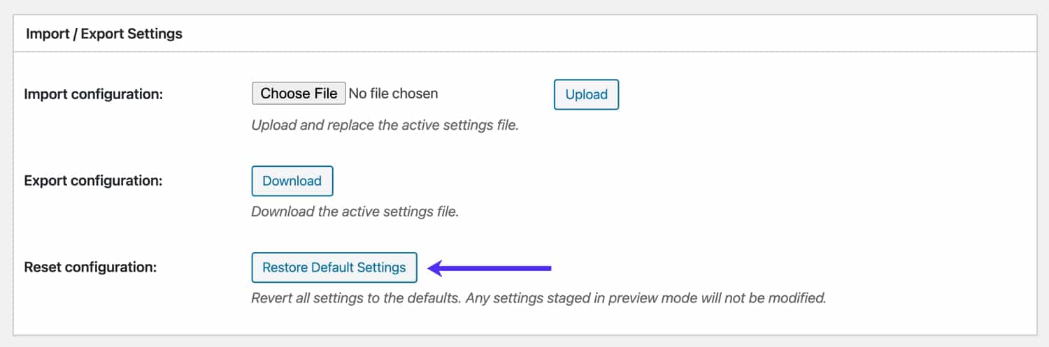 Restablecer la configuración predeterminada de W3 Total Cache.