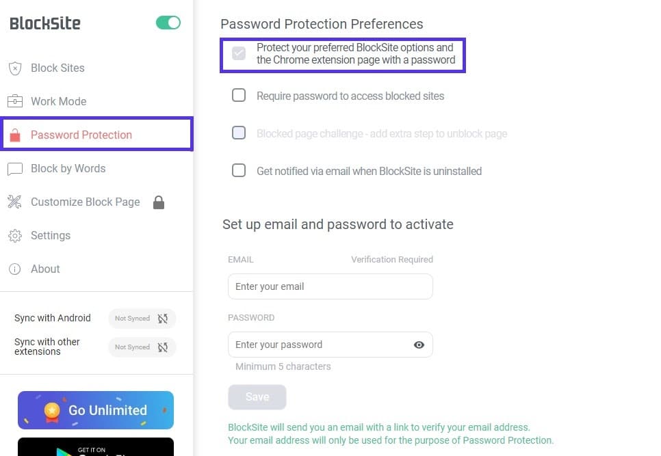 Añadiendo protección con contraseña a BlockSite