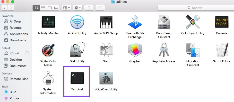 La aplicación MacOS Terminal en la carpeta de utilidades