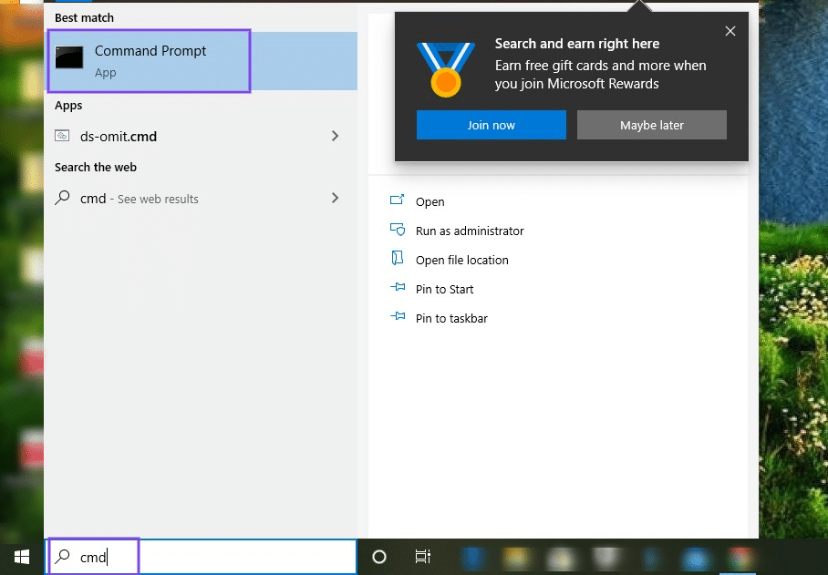 La aplicación Command Prompt en el menú de Windows