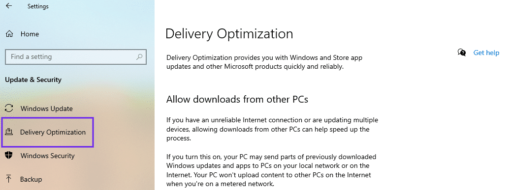 El menú de optimización de entrega de Windows