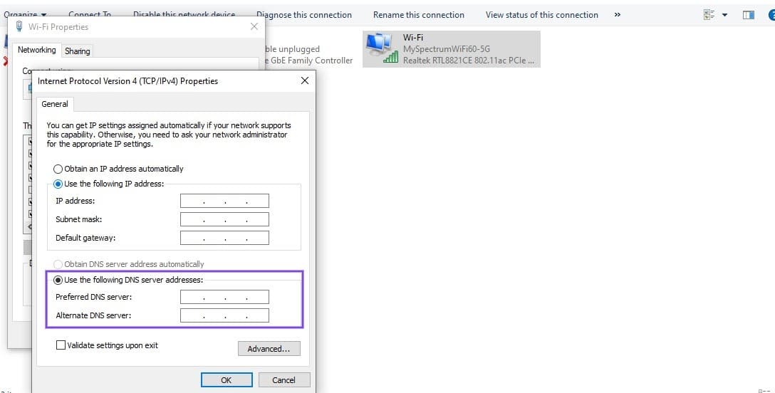 El panel de direcciones del servidor DNS en Windows