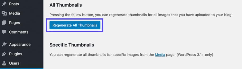The Force Regenerate Thumbnails plugin page in the WordPress admin dashboard.