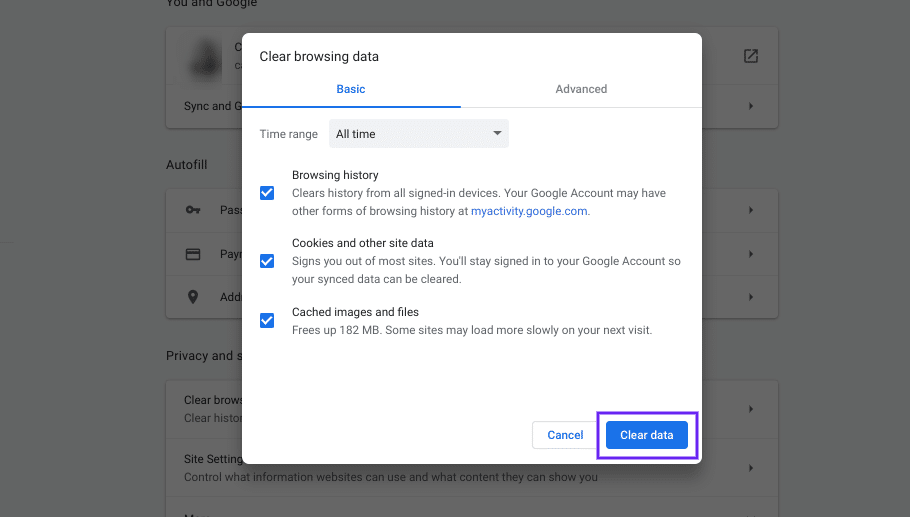 La opción Google Chrome Clear Data