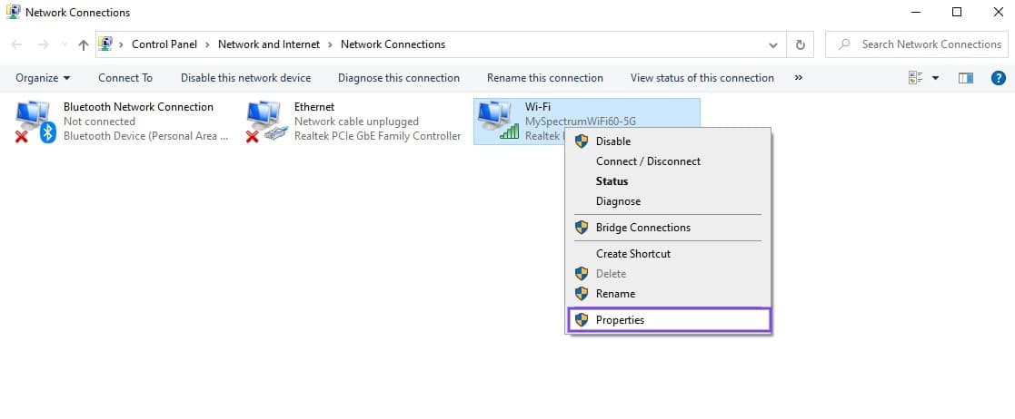 La opción del menú de propiedades de la conexión de red en Windows