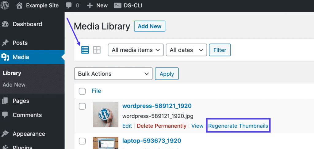 Haga clic en el enlace para regenerar las miniaturas en la vista de lista.