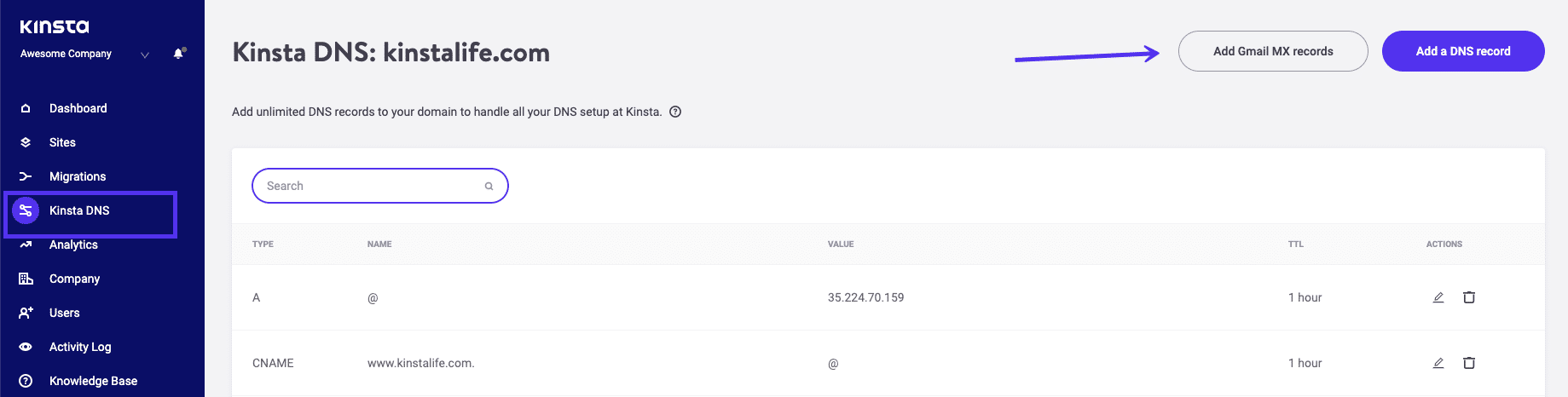 Añade fácilmente registros MX a través de MyKinsta