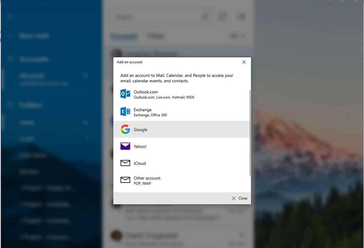 Ventana de añadir una cuenta de Google en Windows Mail