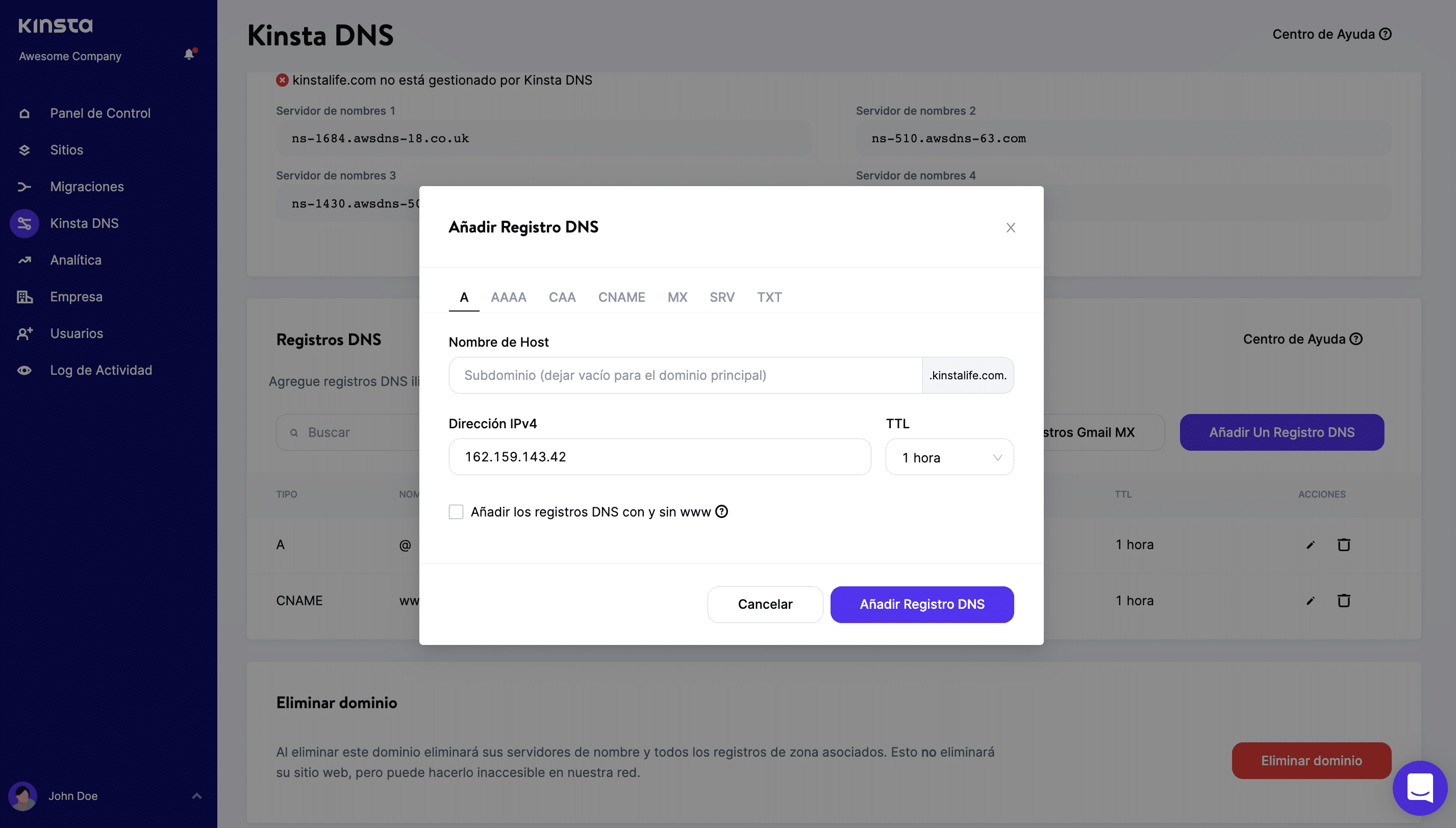 Añadir un registro A en Kinsta DNS
