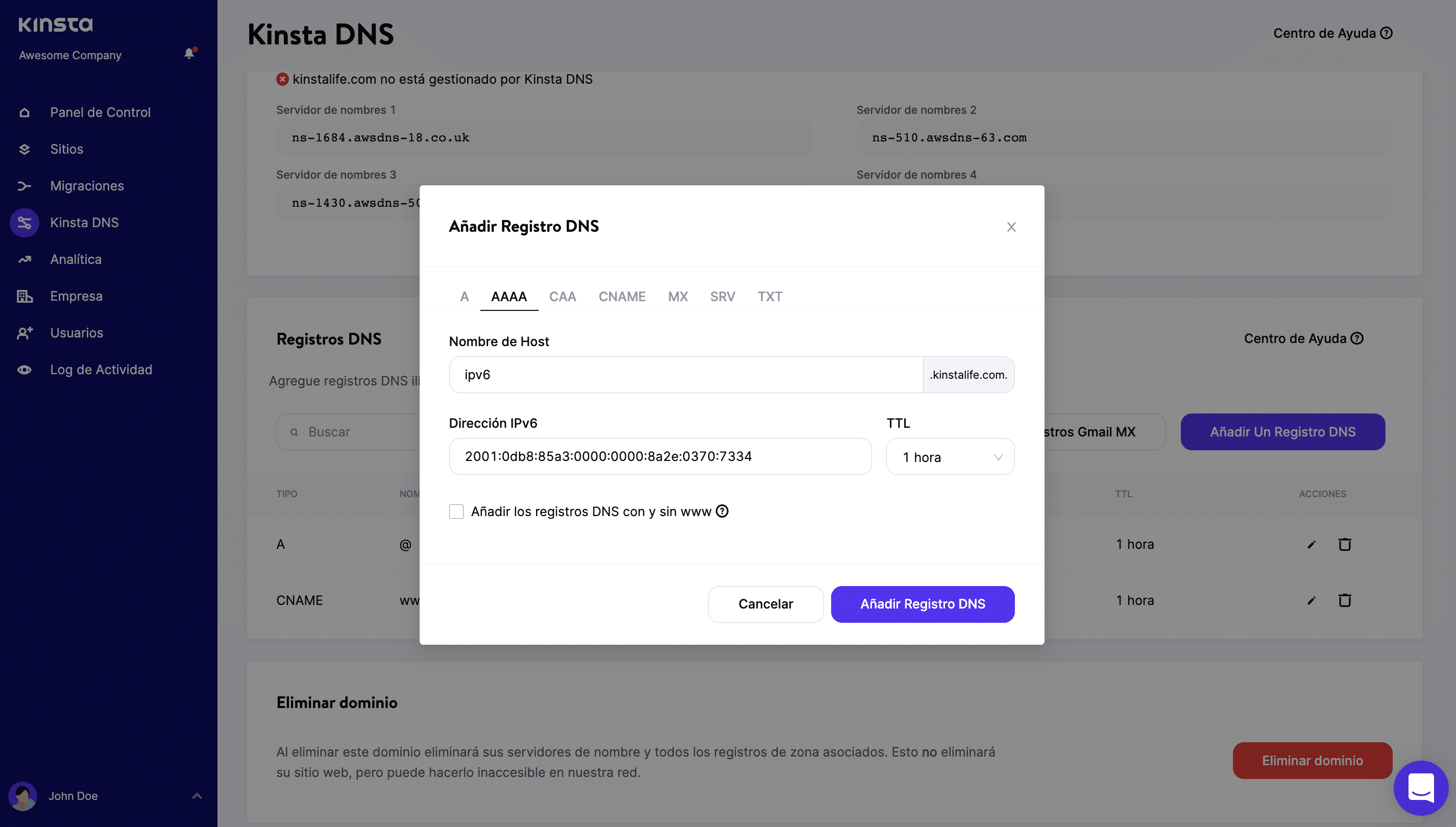 Añadir un registro AAAA en Kinsta DNS.