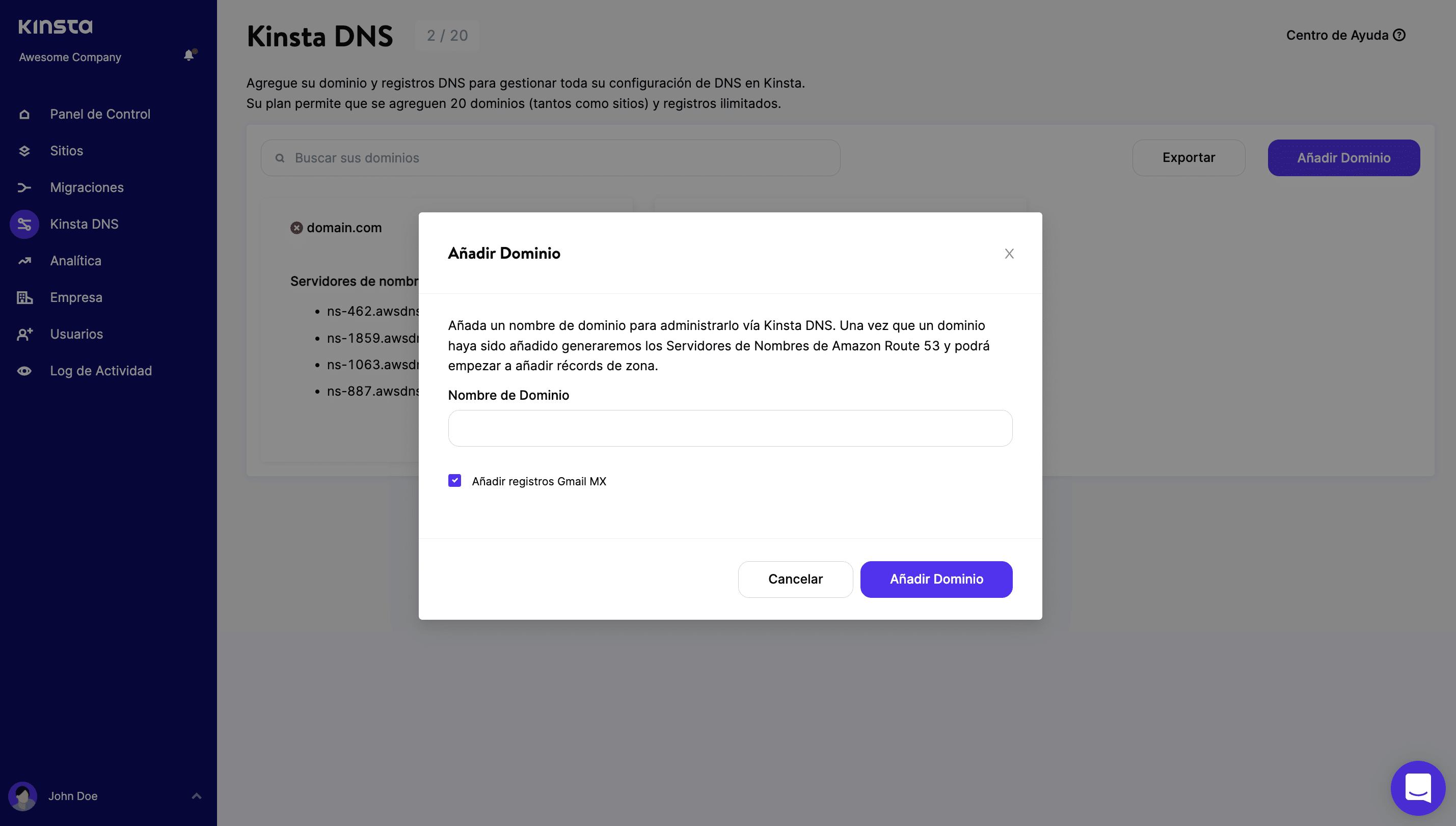 Añade automáticamente los registros MX de Gmail con Kinsta DNS.