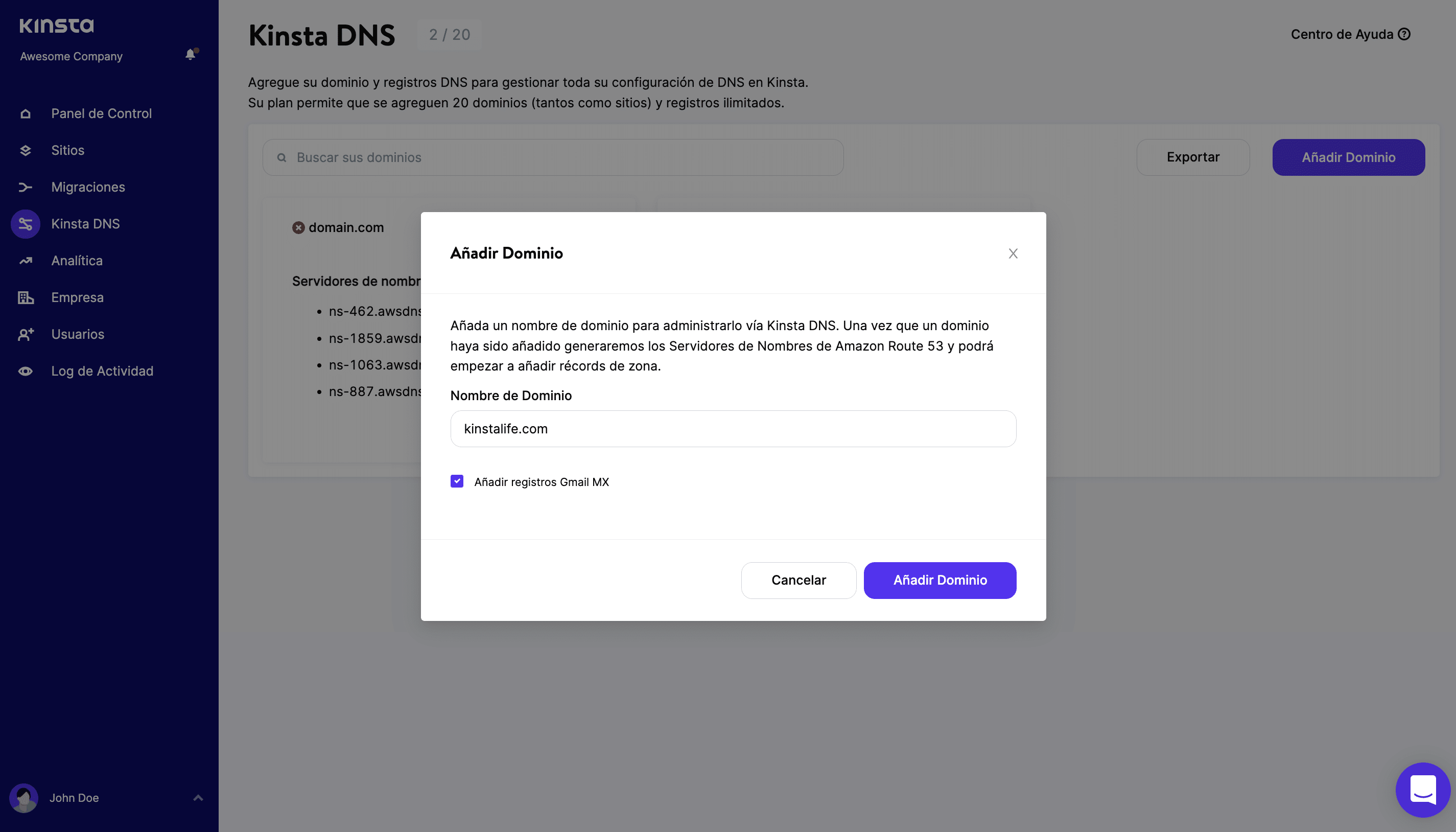 Añade tu nombre de dominio a Kinsta DNS.