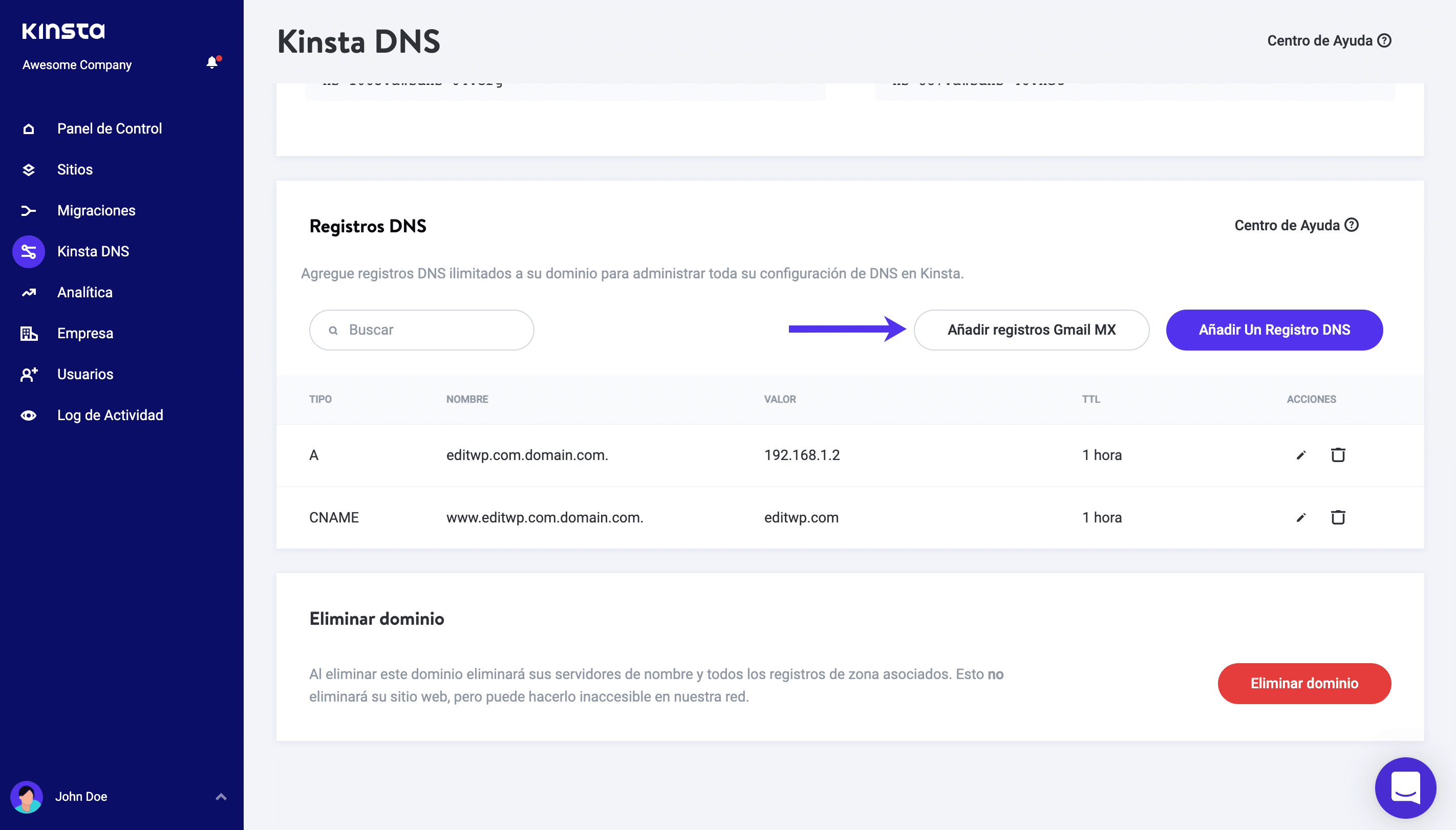 Añadir registros MX de Gmail en Kinsta DNS
