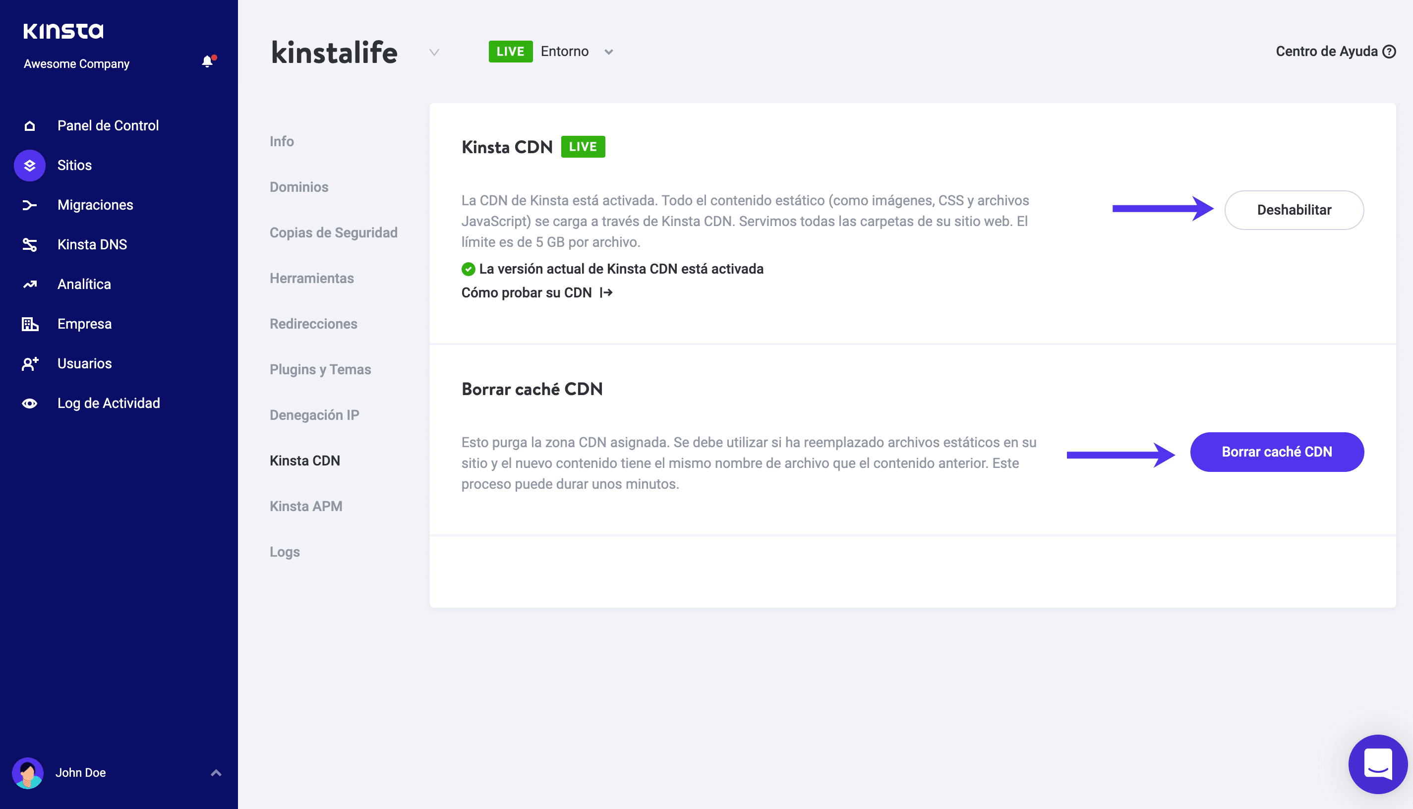 Desactiva la CDN de Kinsta o borra la caché de la CDN en MyKinsta.