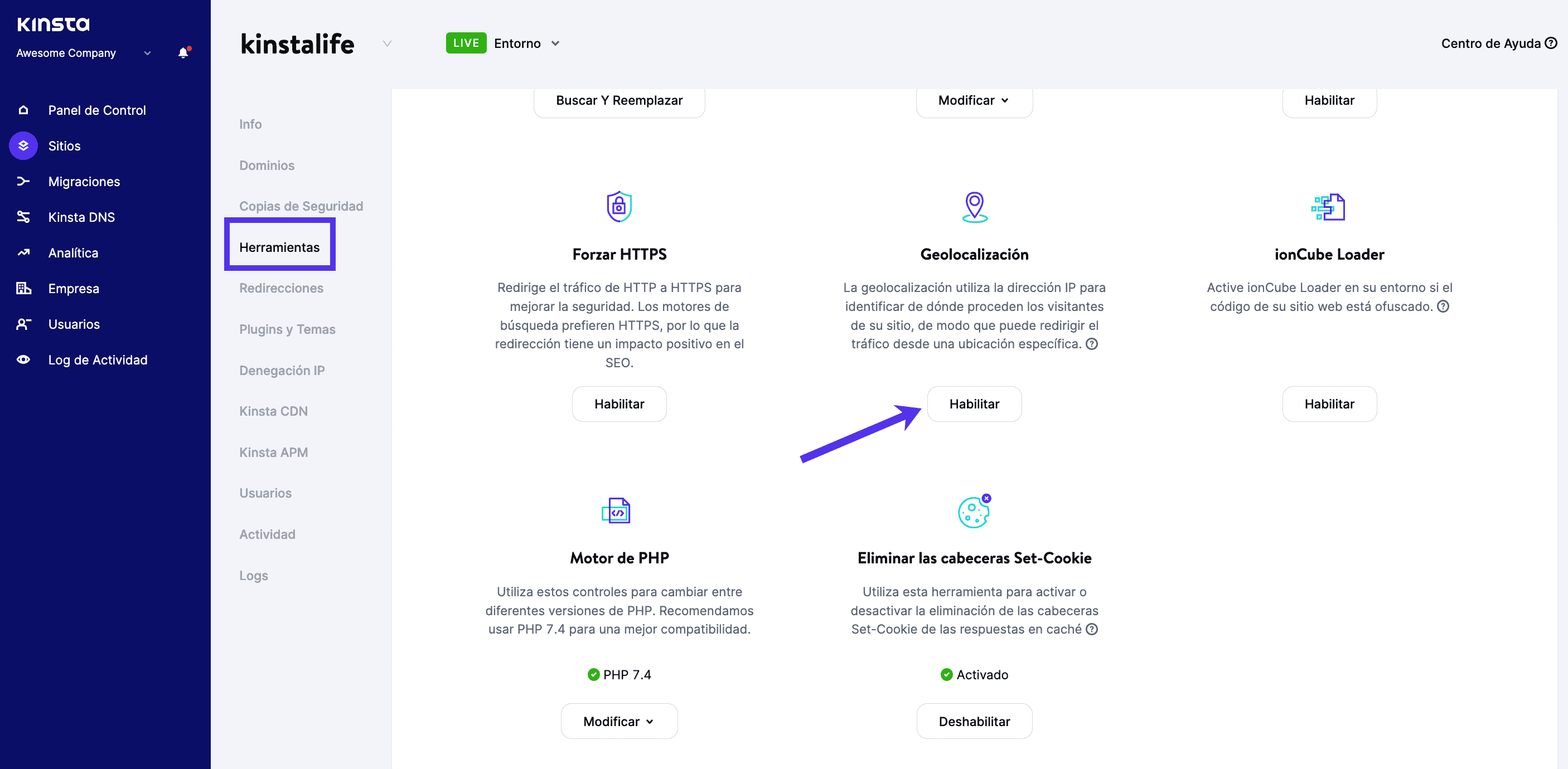 La geolocalización se puede activar desde la sección de Herramientas de MyKinsta.