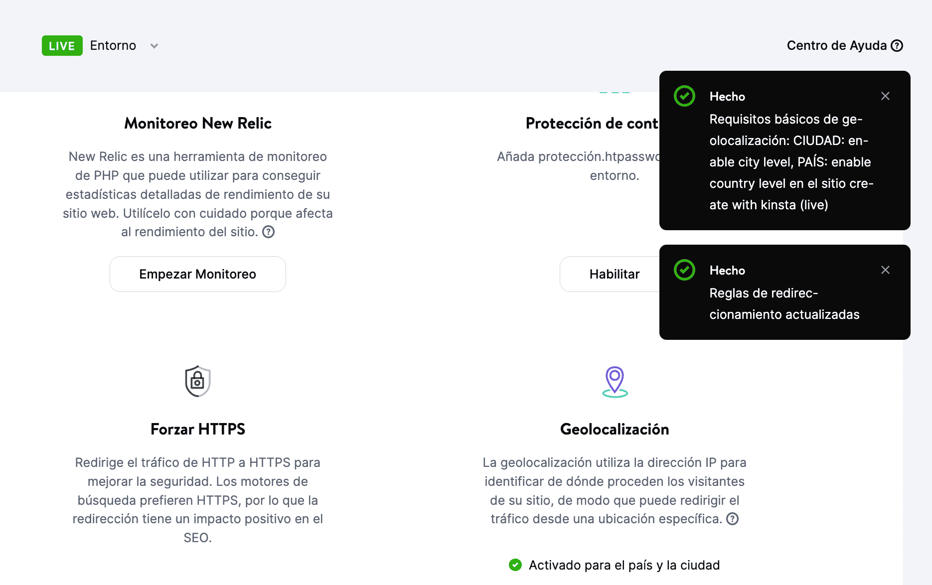 Mensaje de confirmación de la geolocalización de MyKinsta.