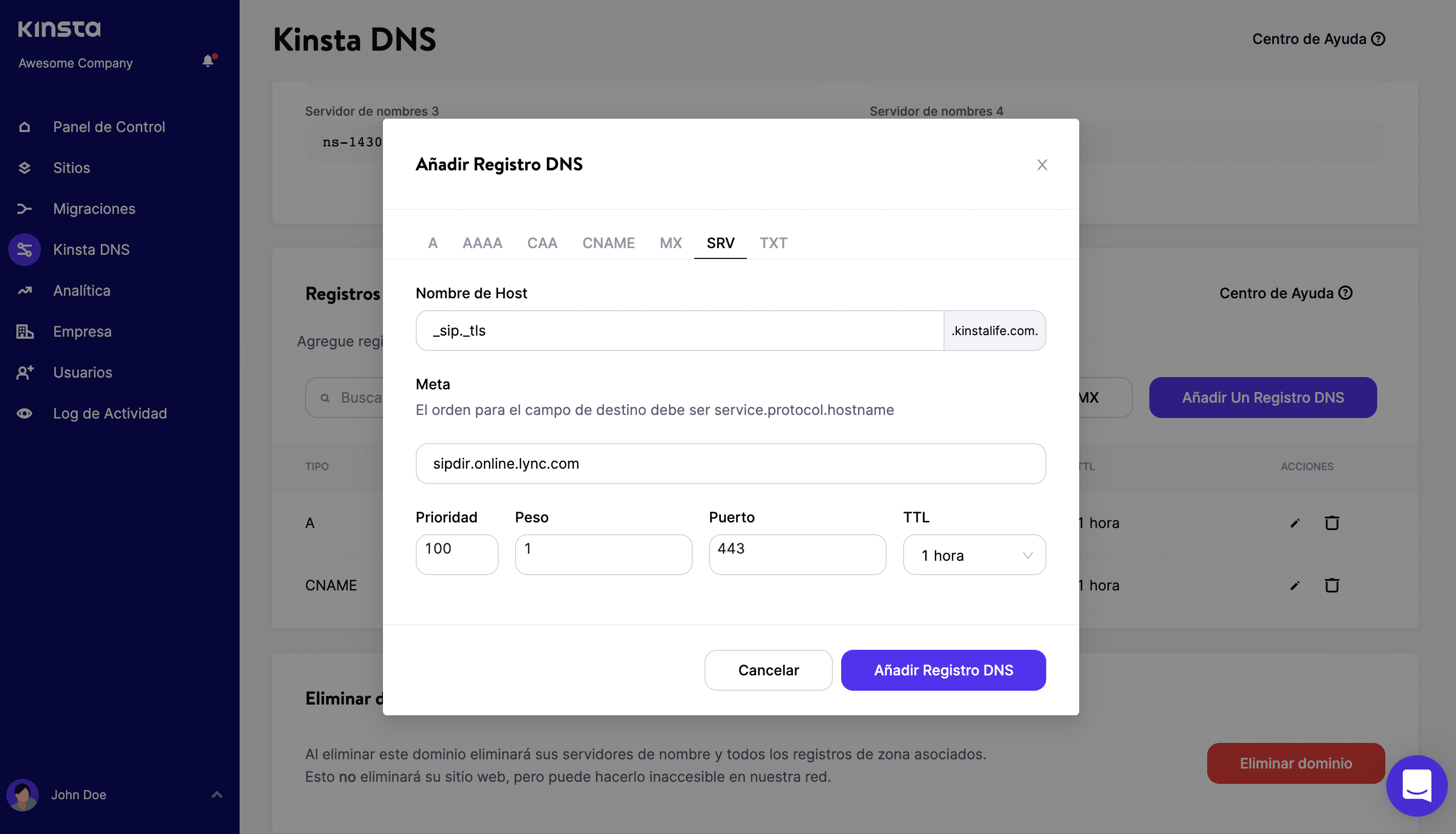Añadir registro SRV en Kinsta DNS.