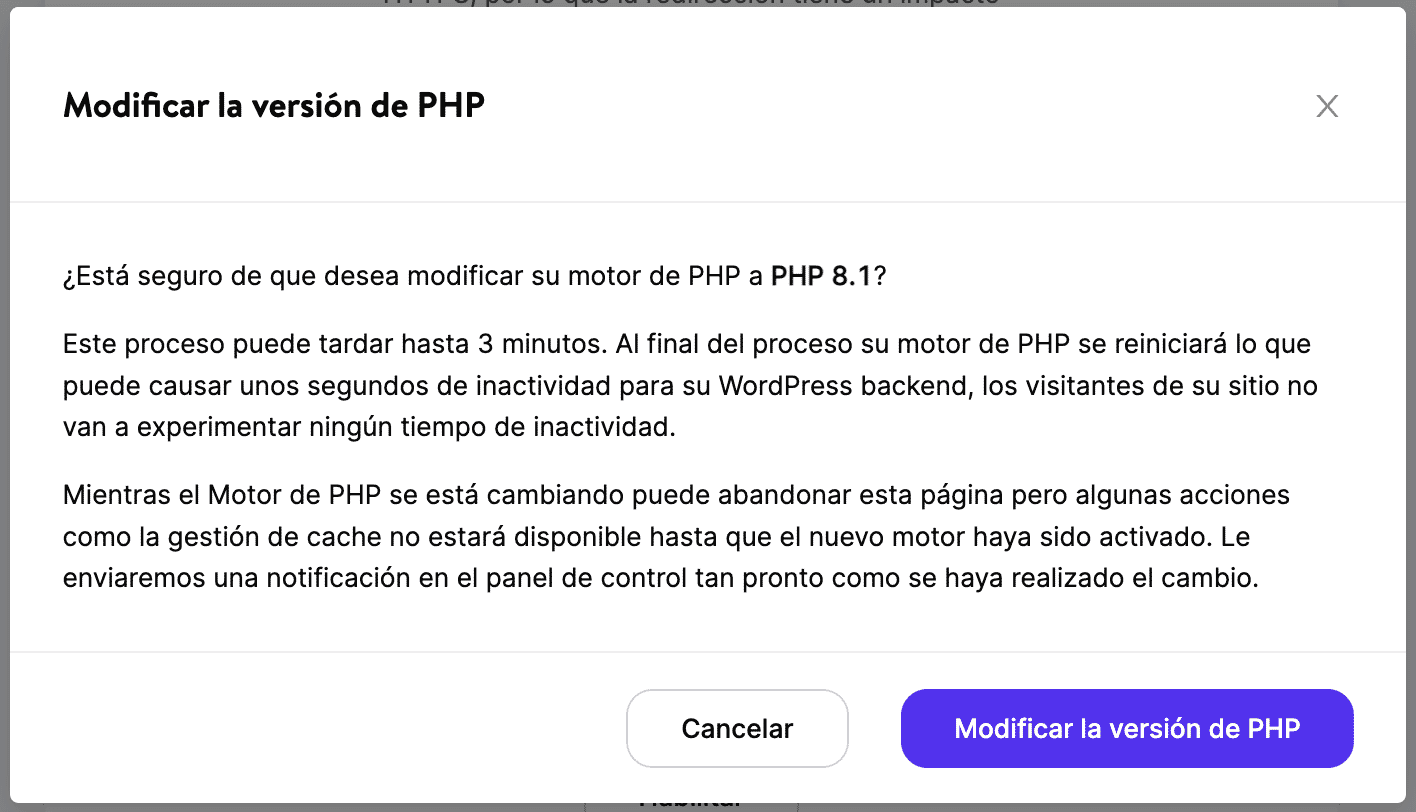 Modificar la versión de PHP.