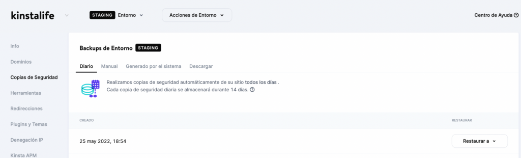 La página de copias de seguridad del entorno dentro de MyKinsta.
