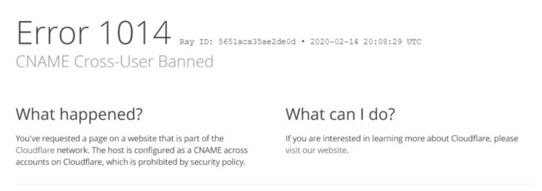 El error 1014 aparece cuando hay conflictos con los registros CNAME en los dominios de Cloudflare.