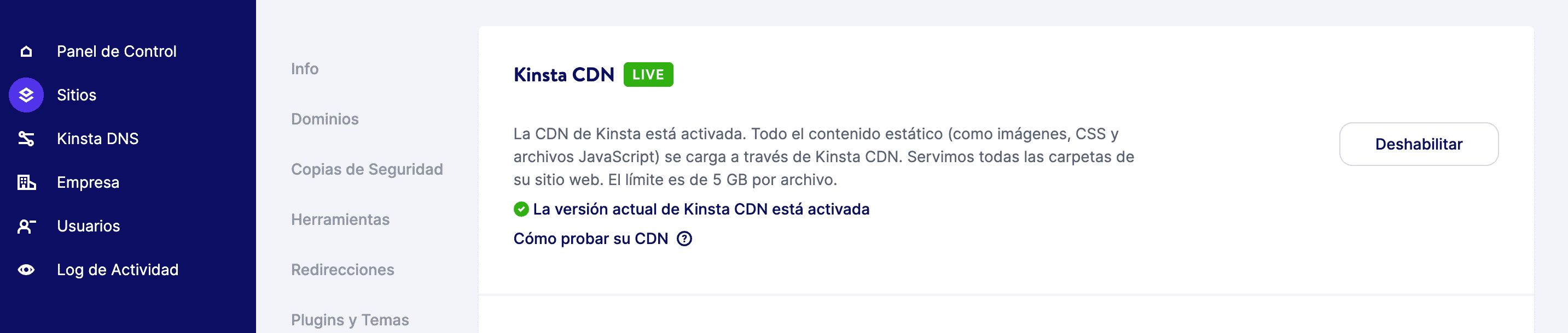 Desactiva la integración de CDN para tu sitio web utilizando el panel de MyKinsta