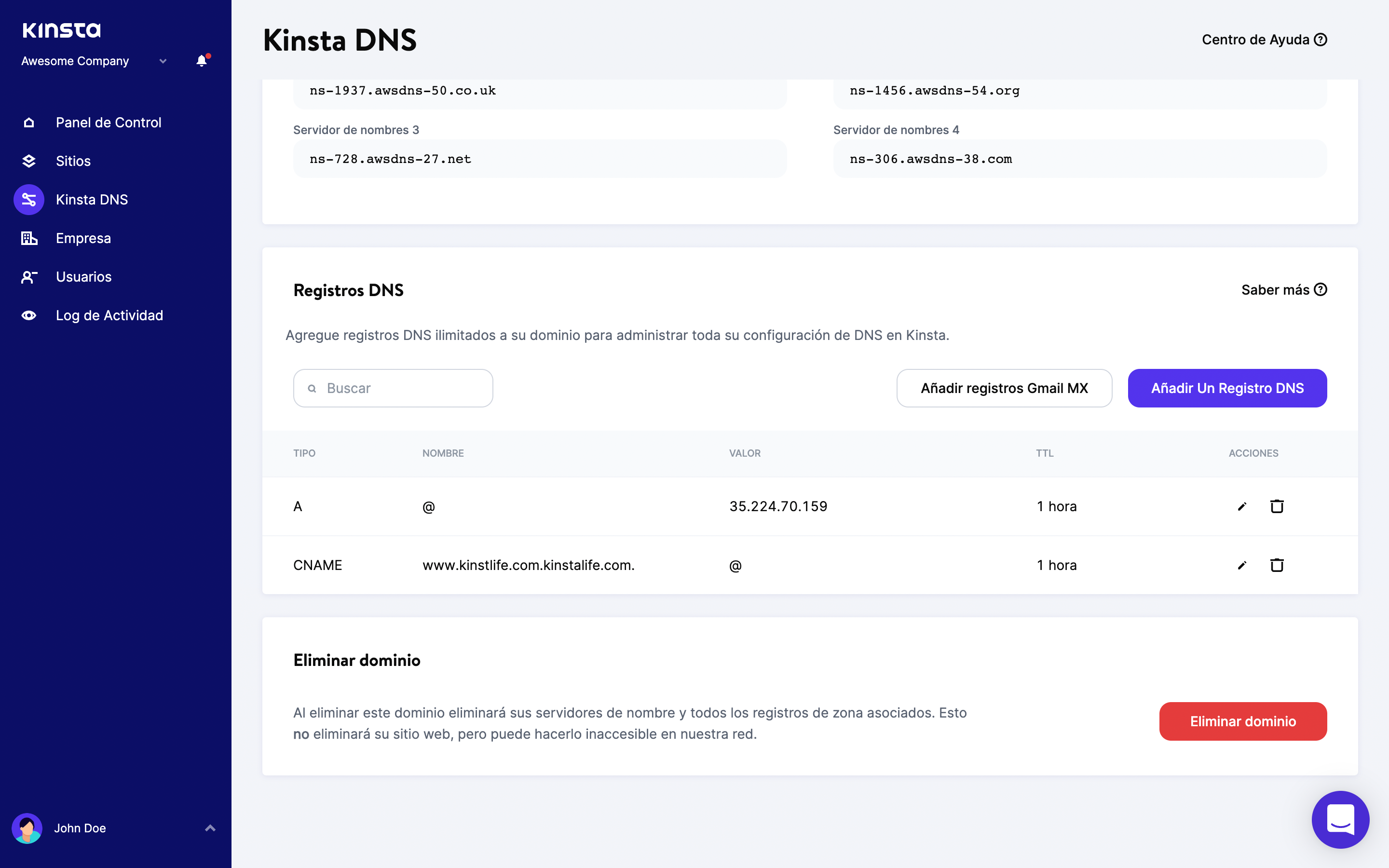 Registros DNS en MyKinsta