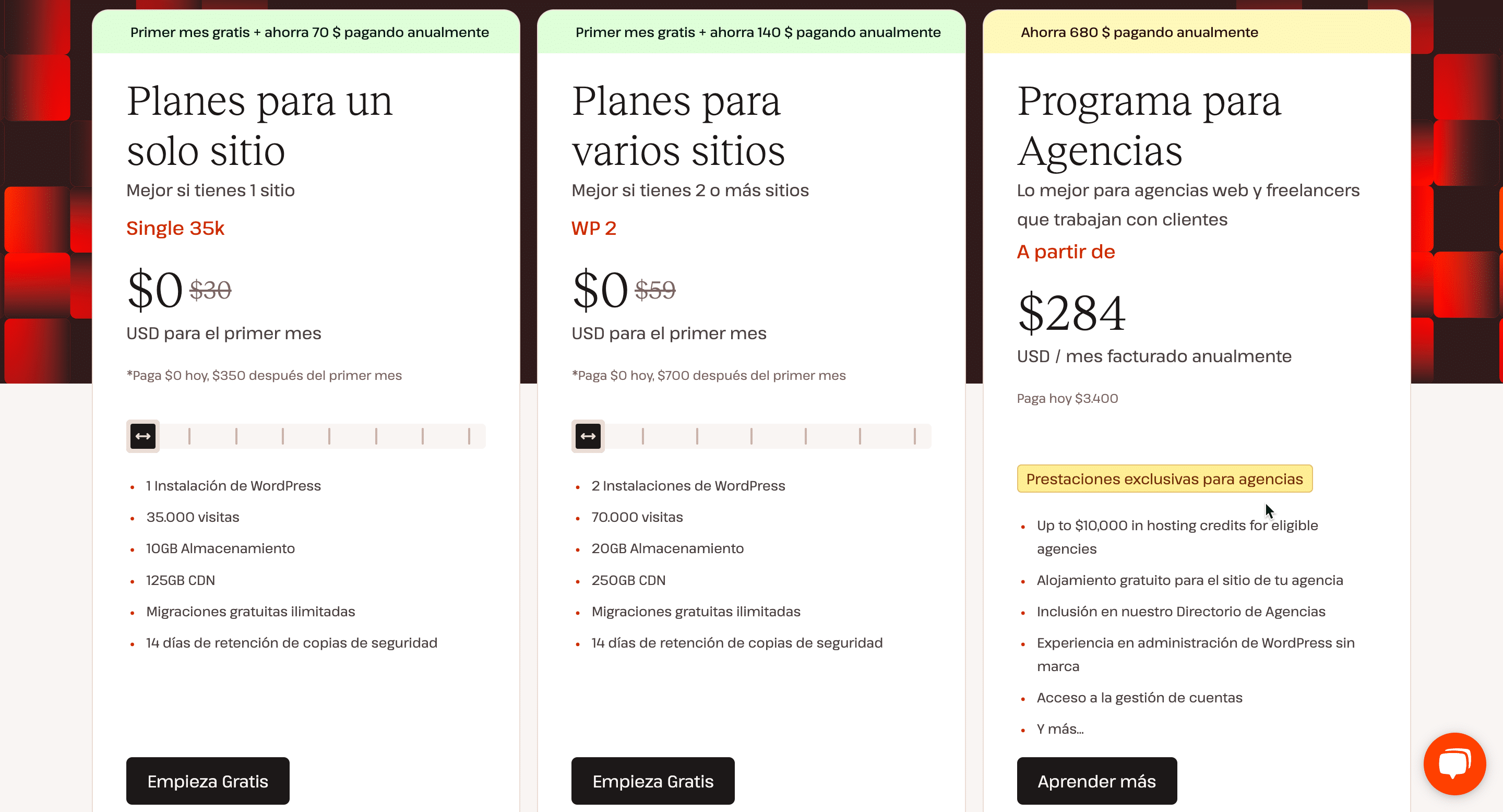 Planes de precios para el alojamiento administrado de WordPress de Kinsta.