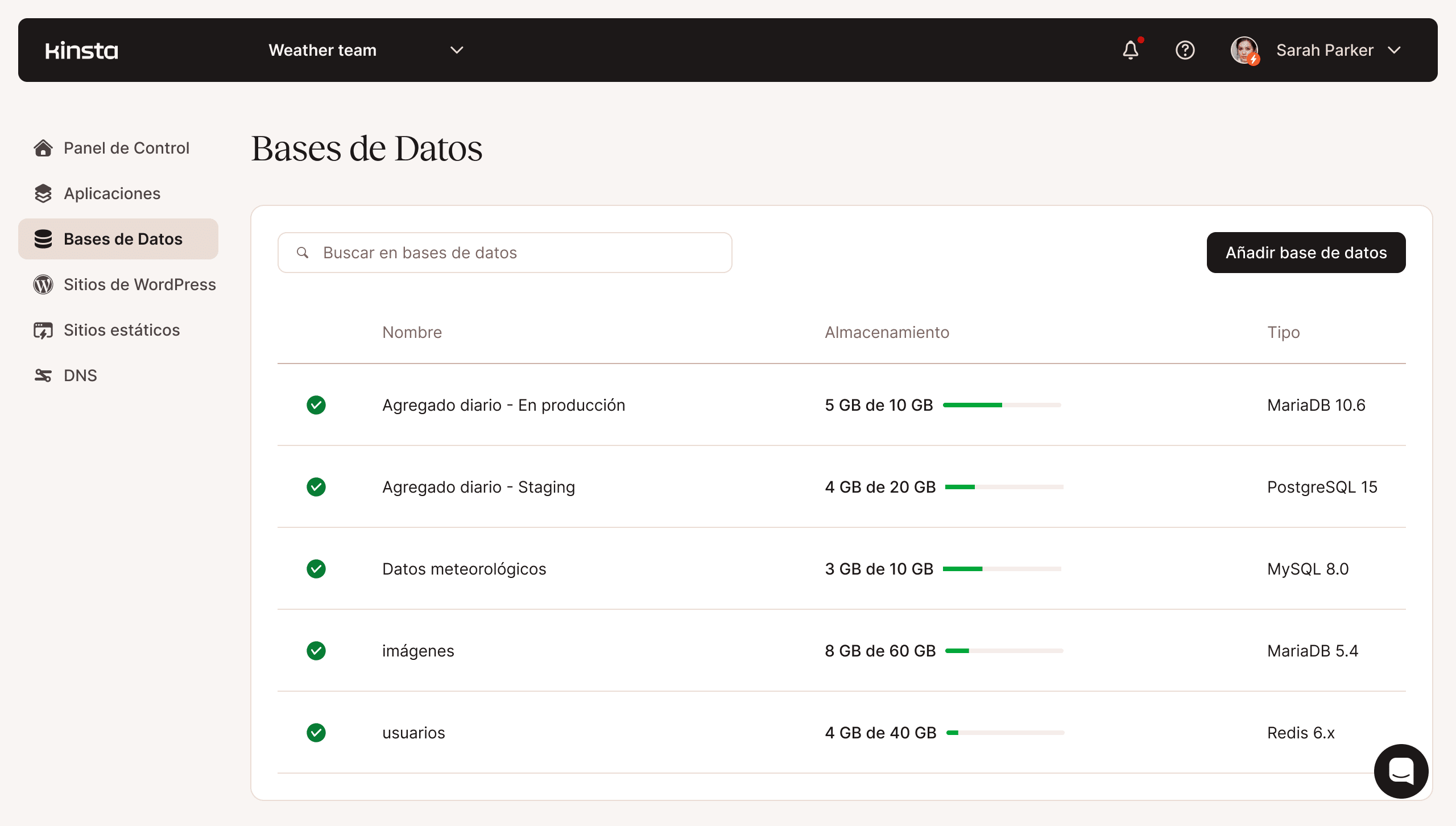 Captura de pantalla de la funcionalidad de gestión de la base de datos de MyKinsta