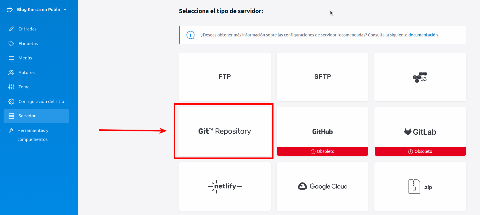 Captura de pantalla de la configuración del Servidor en Publii con la opción Git Repository remarcada