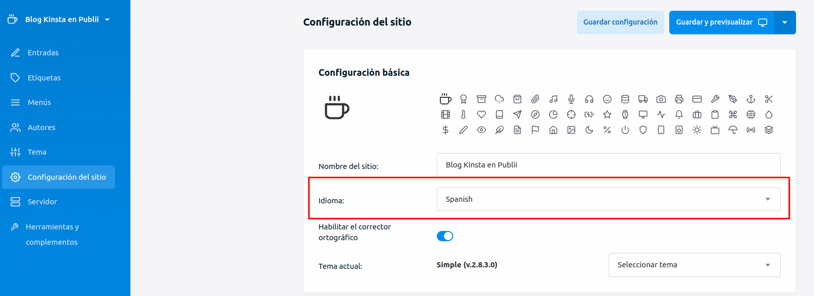 Captura de pantalla de la Configuración del sitio en Publii. Remarcando la opción del idioma en Español.