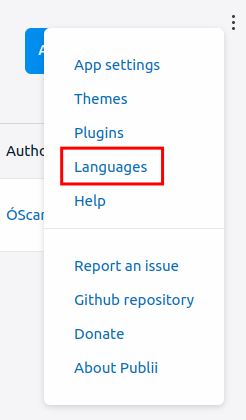 Captura de pantalla del menú de Publii con la opción Languages remarcada