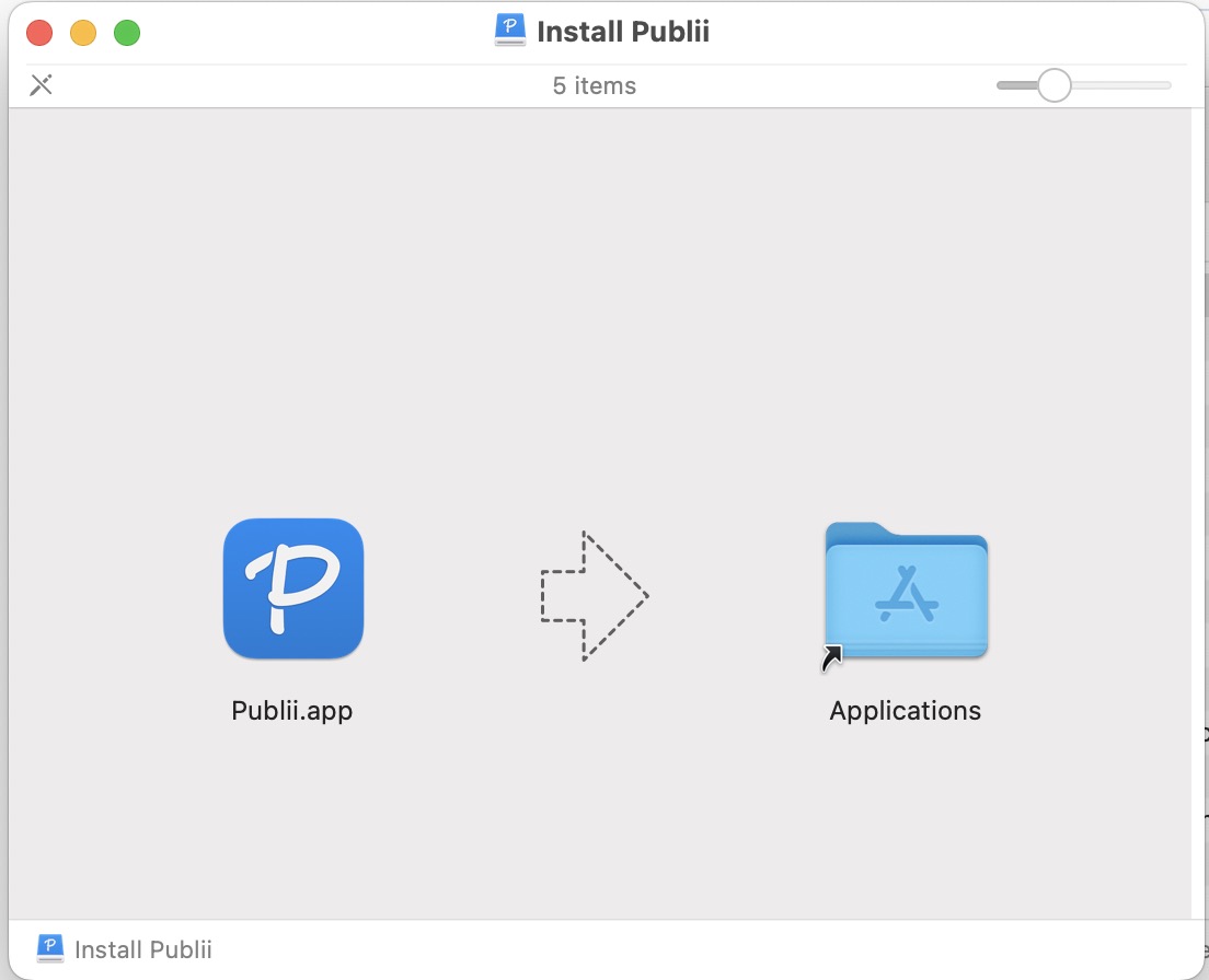 Captura de pantalla del instalador de Publii.app para MacOS